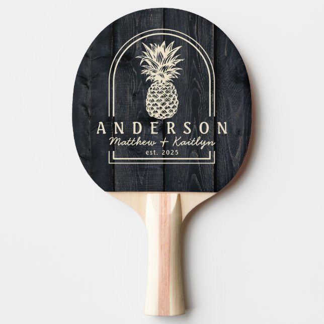 Dark Burnt Wood Pineapple Wedding Arch & Name Ping Pong Paddle (Front)