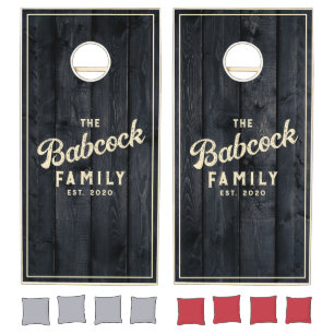 Dark Burnt Wood Retro Family Name & Year Cornhole Set