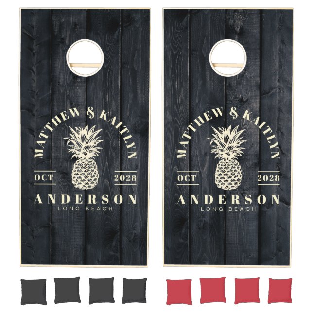 Dark Burnt Wood Tropical Pineapple Wedding Crest Cornhole Set (Set)