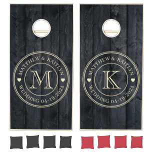 Dark Burnt Wood Wedding Monogram Heart Cornhole Set