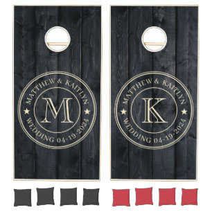 Dark Burnt Wood Wedding Monogram Star Cornhole Set