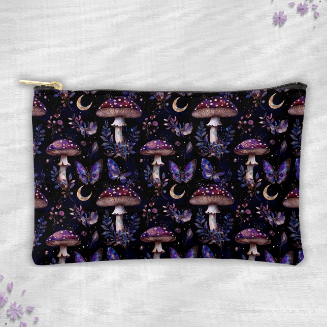 Dark Butterfly Mushroom Floral Witchy Pattern Accessory Pouch (Creator Uploaded)