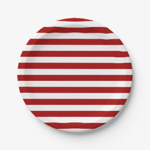 Dark Candy Apple Red and White Stripes Paper Plates
