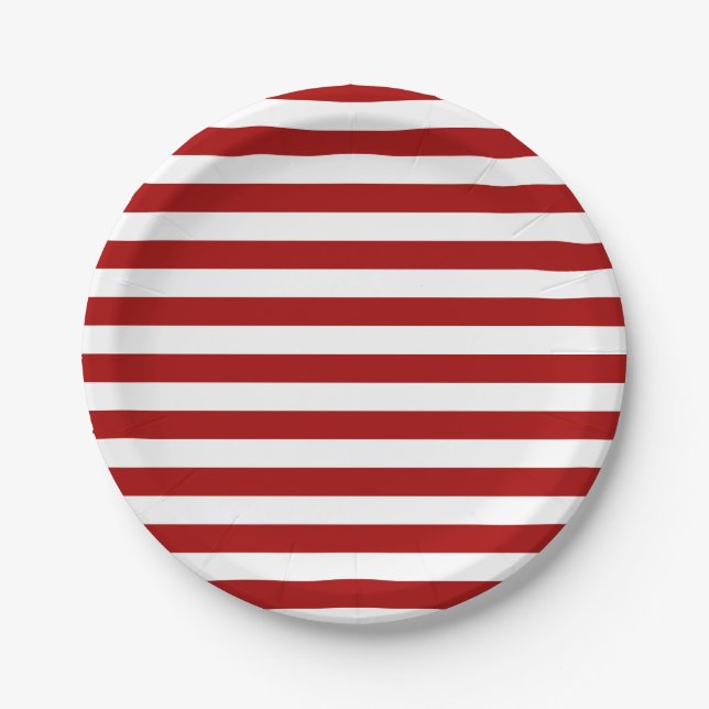 Dark Candy Apple Red and White Stripes Paper Plates (Front)