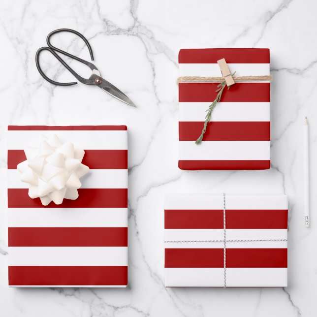 Dark Candy Apple Red and White Stripes Wrapping Paper Sheets (Front)