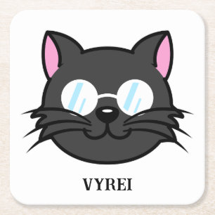 Dark Cat Black Cat Gray Cat Wearing Glasses Square Paper Coaster
