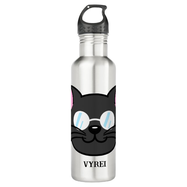 Dark Cat Black Cat Gray Cat Wearing Glasses Stainless Steel Water Bottle (Front)