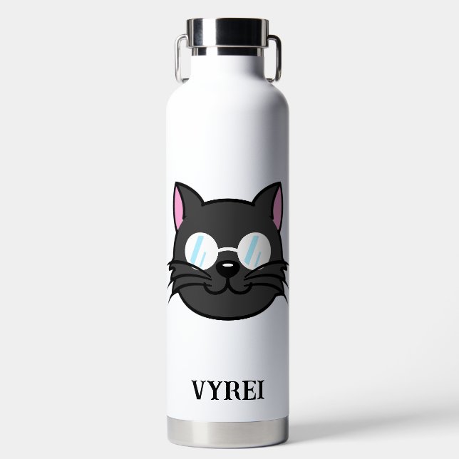 Dark Cat Black Cat Gray Cat Wearing Glasses Water Bottle (Front)