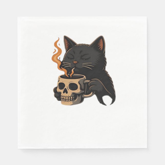 Dark Cat Coffee With Skull Mug Oversized T-Shirt Napkins (Front)