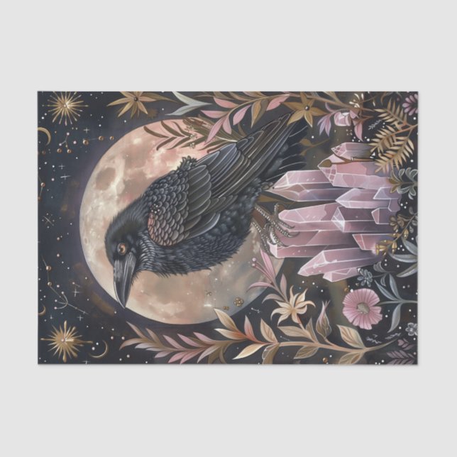 Dark Celestial Floral Raven & Crystals Decoupage Tissue Paper (Front)