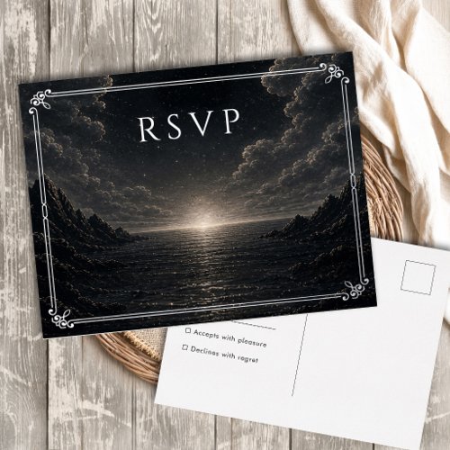 Dark Celestial Silver Foil Moon Star Wedding RSVP Holiday Postcard