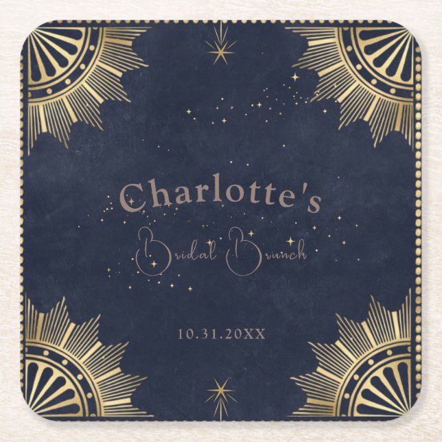 Dark Celestial Sun and Moon Bridal Brunch Shower Square Paper Coaster (Front)