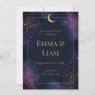 Dark Celestial Wedding Invitation Purple & Navy