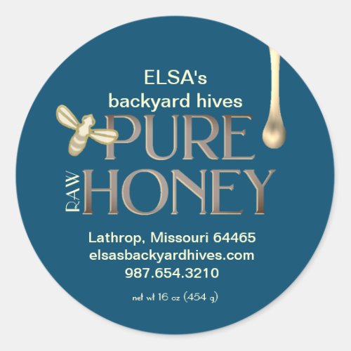 Dark Cerulean Honey Label with gold drip and bee
