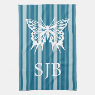 Dark Cerulean Victorian Stripe Butterfly Monogram Kitchen Towel