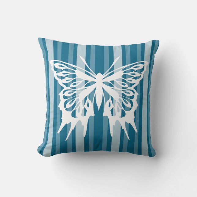 Dark Cerulean Victorian Stripe with Butterfly Throw Pillow (Front)