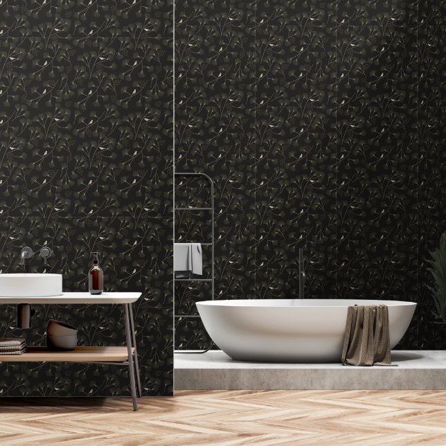 Dark Charcoal Bird & Pine Tree Pattern – Japandi  Wallpaper (Bathroom)