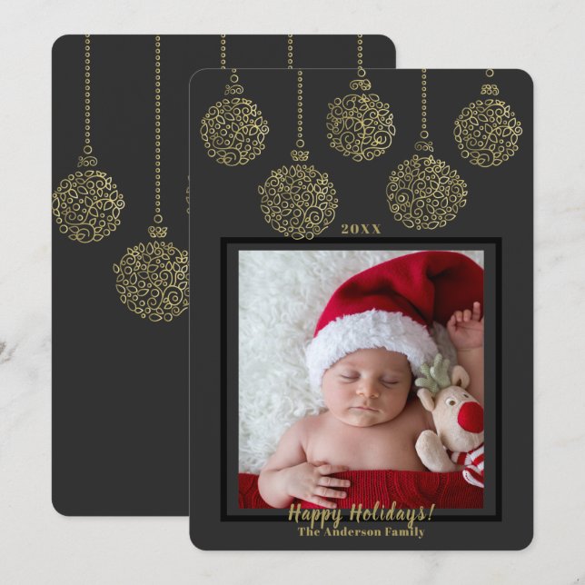Dark Charcoal Gold Ornaments Modern Holiday Photo Invitation (Front/Back)