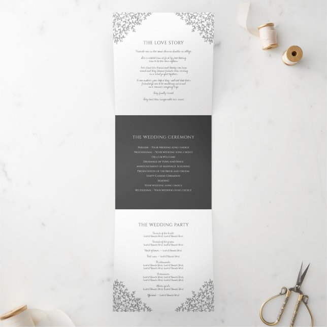 Dark charcoal gray monogram art love story wedding Tri-Fold program (Inside)