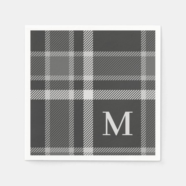 Dark Charcoal Gray Tartan Plaid with Monogram Napkins (Front)