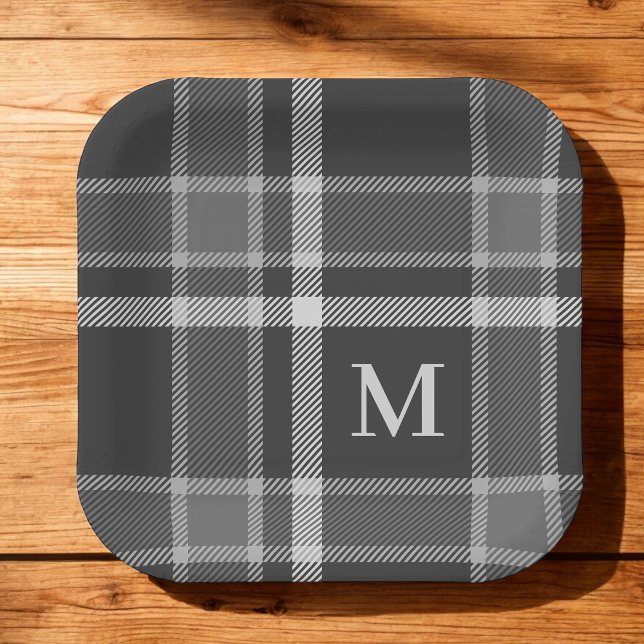 Dark Charcoal Gray Tartan Plaid with Monogram Paper Plates (Creator Uploaded)