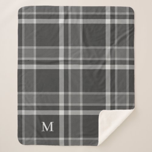 Dark Charcoal Gray Tartan Plaid with Monogram Sherpa Blanket