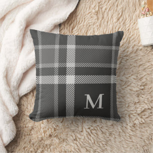 Dark Charcoal Gray Tartan Plaid with Monogram Throw Pillow