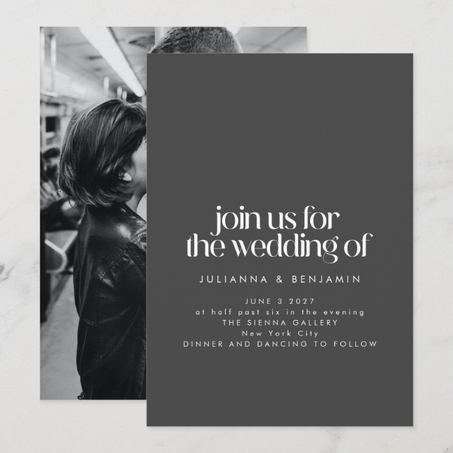 Dark Charcoal Moody Editorial Photo Wedding Invitation (Front/Back)