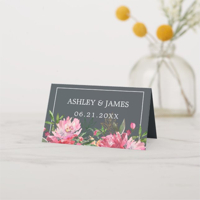 Dark Charcoal Pink Peony Modern Romantic Wedding Place Card (Front)