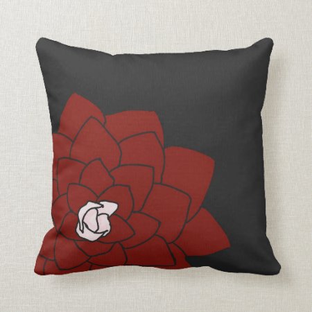Dark Charcoal Throw Pillow With Red Flower