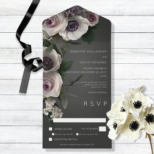 Dark Charcoal  White Floral Modern Dinner All In One Invitation