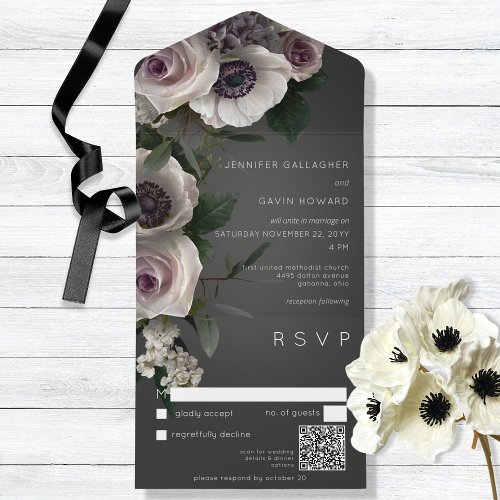 Dark Charcoal  White Floral Modern QR Code All In One Invitation