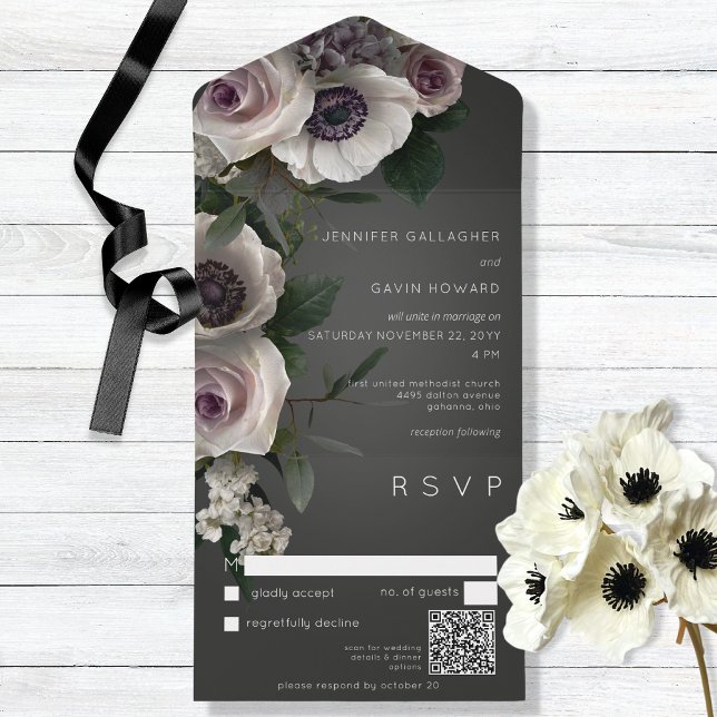 Dark Charcoal & White Floral Modern QR Code All In One Invitation (Creator Uploaded)