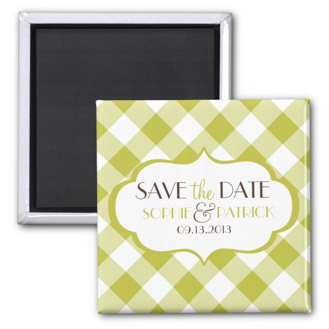 Dark Chartreuse Gingham Save the Date Magnet (Front)