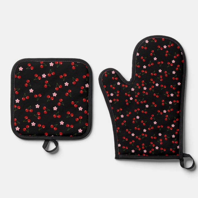  Dark Cherries Oven Mitt & Pot Holder Set (Front)