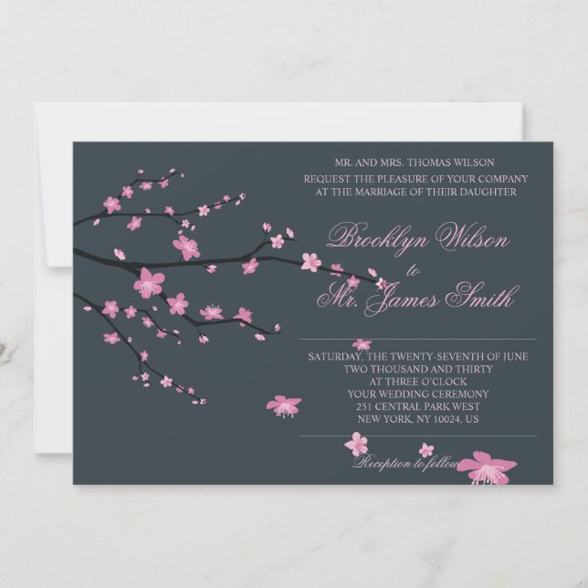 Dark Cherry Blossom Wedding Invitation (Front)