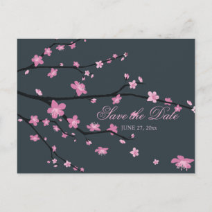Dark Cherry Blossom Wedding Save The Date Postcard