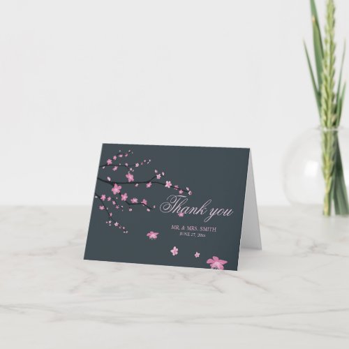 Dark Cherry Blossom Wedding Thank You Note Card