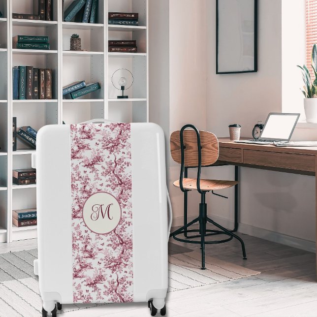 Dark Cherry Pink Garden Butterfly French Toile Luggage (cherry pink French toile pattern with monogram on suitcase)