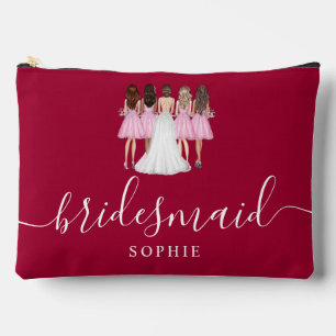 Dark Cherry Red Bridesmaid Modern Script Accessory Pouch