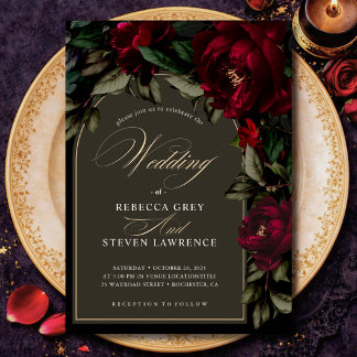 Dark chic gothic red green floral moody wedding invitation