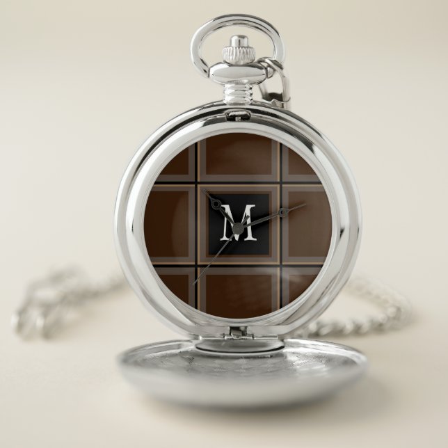 Dark Chocolate Brown Custom Single Initial Striped Pocket Watch (Inside)