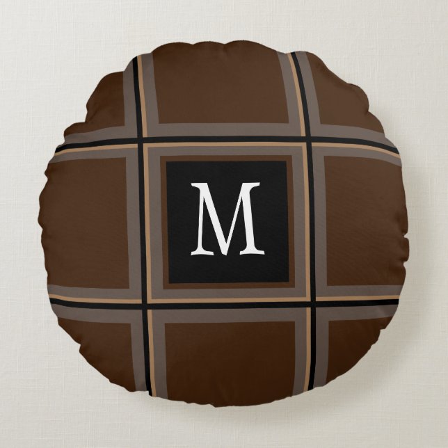 Dark Chocolate Brown Custom Single Initial Striped Round Pillow (Front)