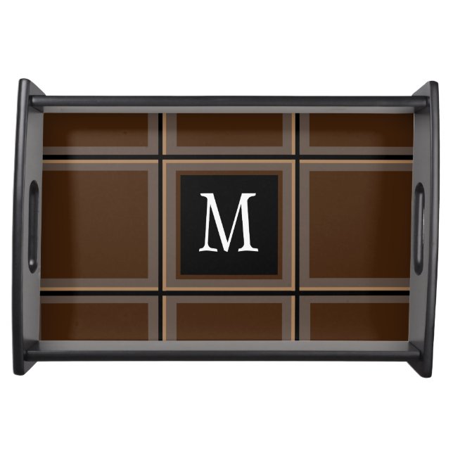 Dark Chocolate Brown Custom Single Initial Striped Serving Tray (Front)