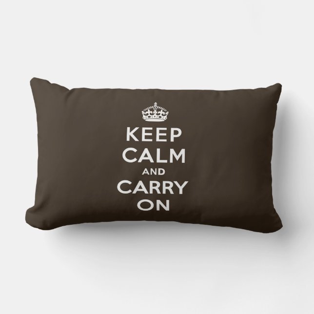 Dark Chocolate Brown Keep Calm and Carry On Lumbar Pillow (Front)