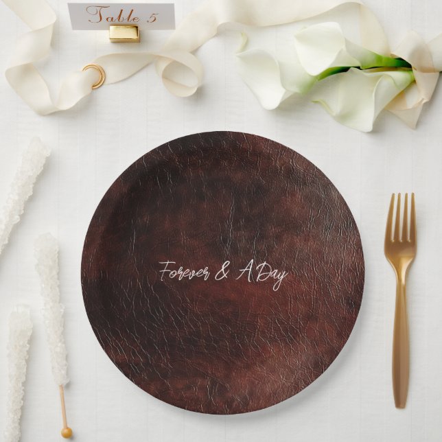 Dark Chocolate Brown Western Faux Leather Paper Plates (Wedding)