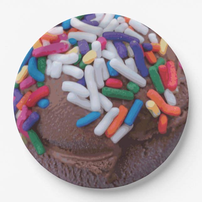 Dark Chocolate Ice Cream with Rainbow Sprinkles Paper Plates (Front)