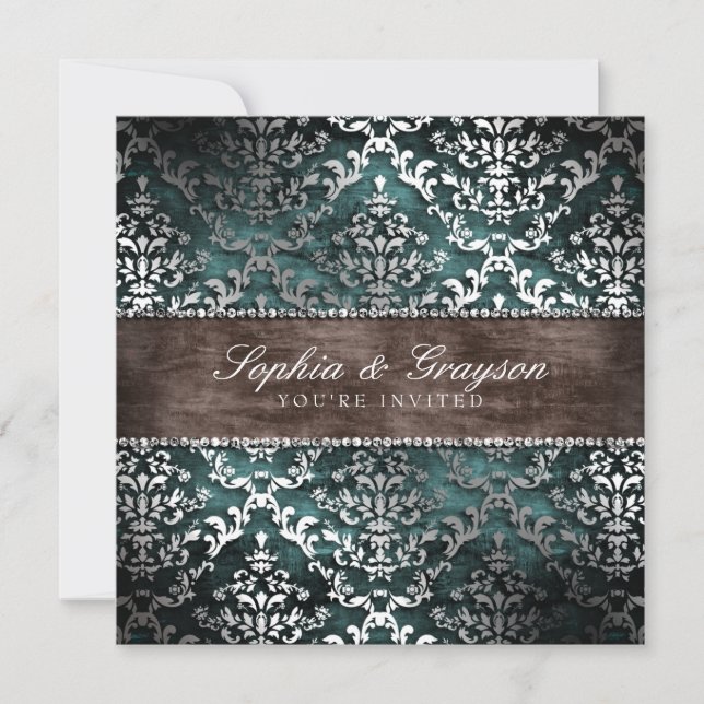 Dark Chocolate Teal Glimmer Damask Wedding Invite (Front)