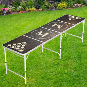 Dark Chopping Block Modern Circle Monogram Beer Pong Table