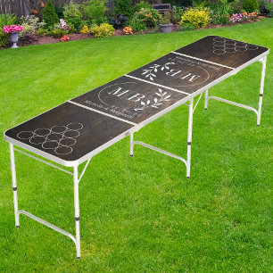 Dark Chopping Block Modern Leaf Wedding Monogram Beer Pong Table